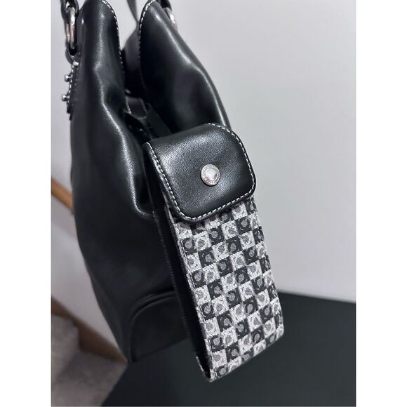 Liz Claiborne Black Large Shoulder Bag Handbag Purse & Glass Case - Picture 5 of 14